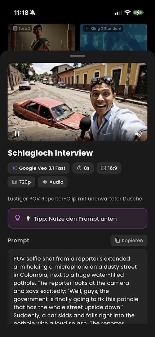 VIBE AI Video Generator App Oberfläche auf dem Smartphone